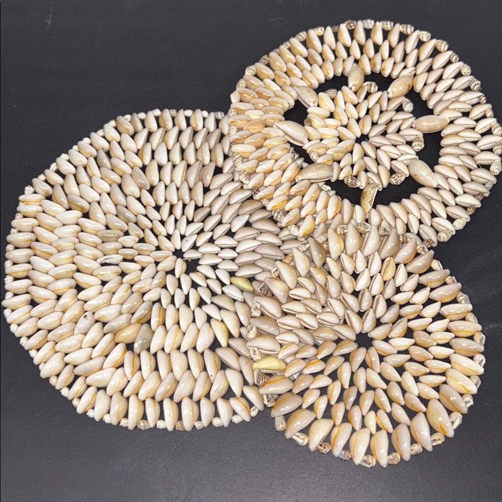 Vintage set of three handcrafted cowrie shell trivets / hot mats